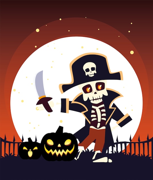 Fumetto del pirata del cranio di halloween alla progettazione di notte, vacanza e illustrazione di tema spaventoso