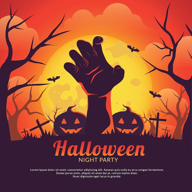 Vettore poster dei social media di halloween, mano di zombi