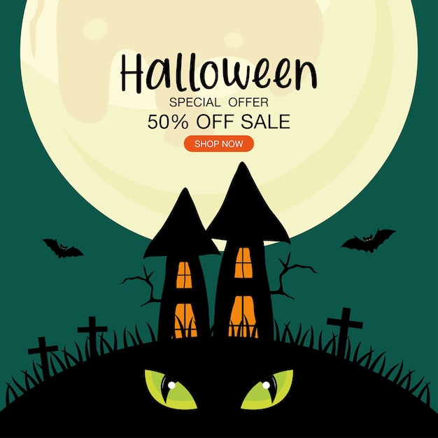 Offerta speciale di vendita di halloween con design di casa e occhi, acquista ora e tema e-commerce.