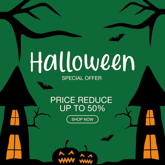 Offerta speciale di vendita di halloween con design di cartoni animati di zucche, acquista ora e tema di e-commerce.