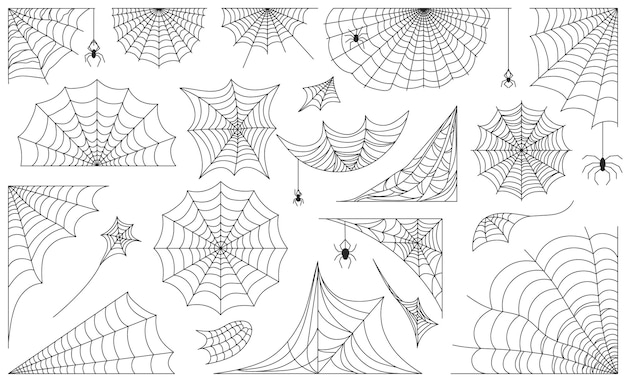 ハロウィーンの蜘蛛の巣、黒い蜘蛛の巣のフレーム、境界線と角。蜘蛛の巣、装飾的な蜘蛛の巣のシルエットベクトルセットで怖い蜘蛛の巣。白で隔離秋の休日の装飾要素