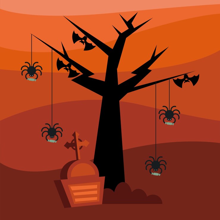 वेक्टर halloween spiders and bats at tree with grave design, scary theme