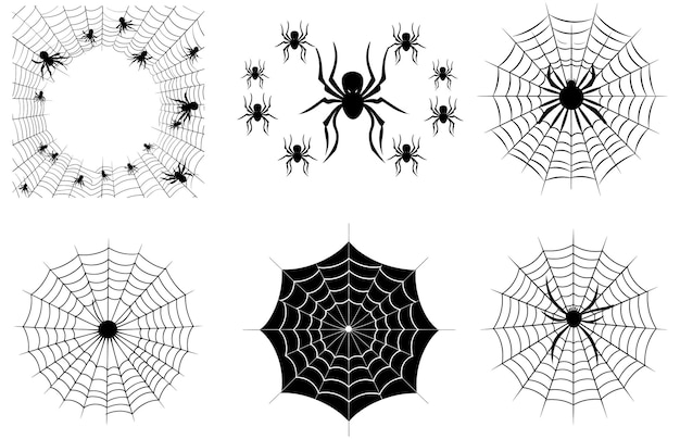 Vector halloween spinnen en spinnenwebben vector silhouette set