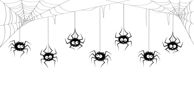 Halloween spinnen personages grens met spinnenweb. Vector spinner personages en spinnenwebs monochrome frame op witte achtergrond. Zwarte grappige insecten hangen op snaren naar beneden de verwikkelde webben