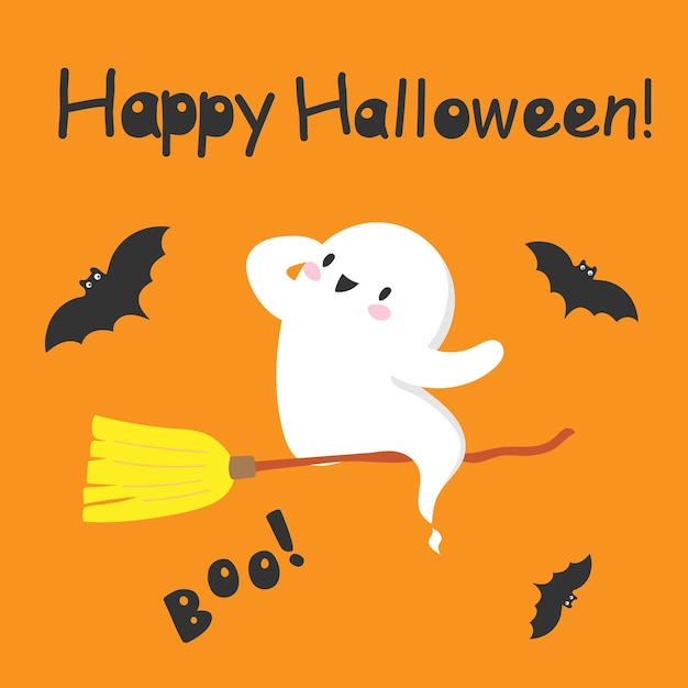 Halloween spirit ghost in with broom Cute kawaii Trick or treat poster Samhain fear and boo