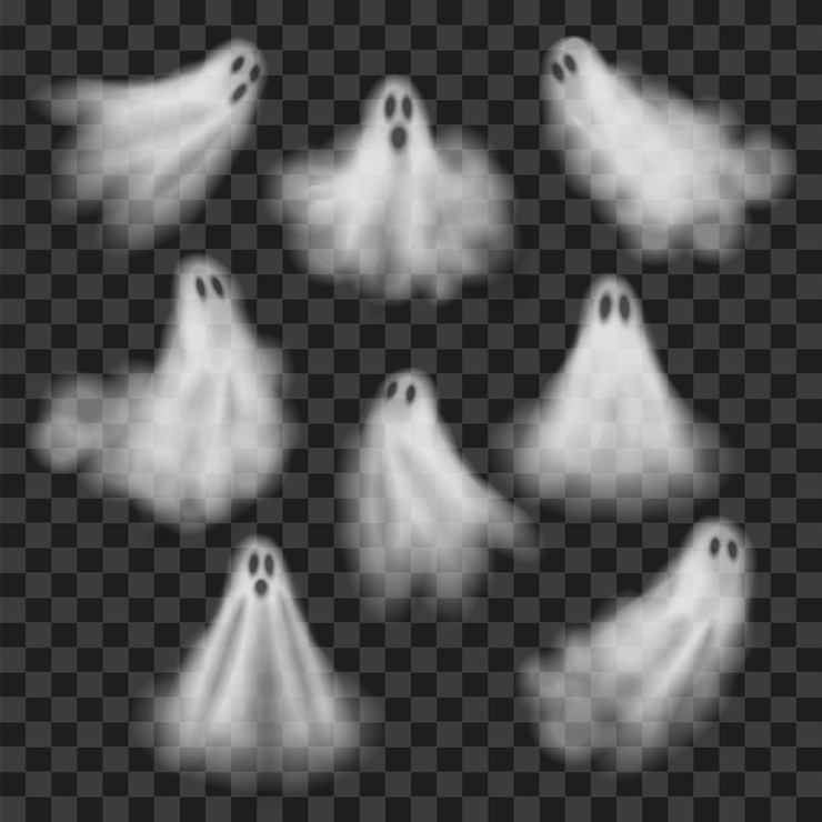 Vector halloween spoken realistische monsters silhouetten vector 3d transparant wit griezelige gezichten horror schaduwen mistige figuren