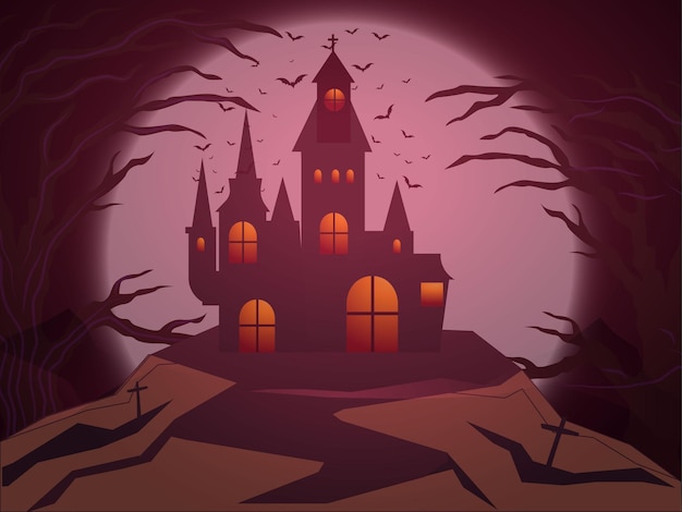 Halloween Spookachtig huis Nachtscène Horizontale Achtergrond