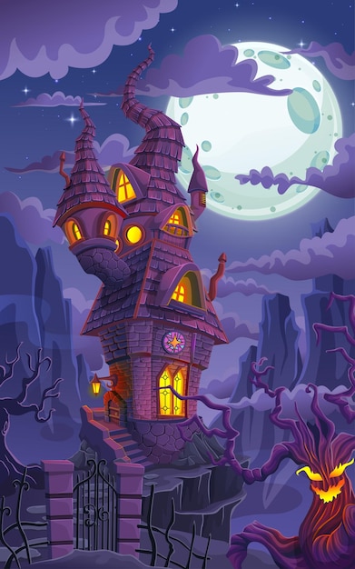 Halloween-spookboom en het huis van de donkere heks op blauwe maan en bergenachtergrond, vectorillustrati