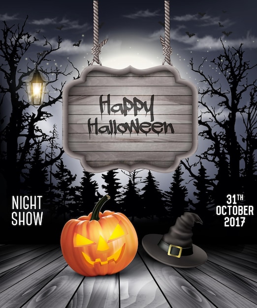 Halloween spooky background with wooden sign. Vector