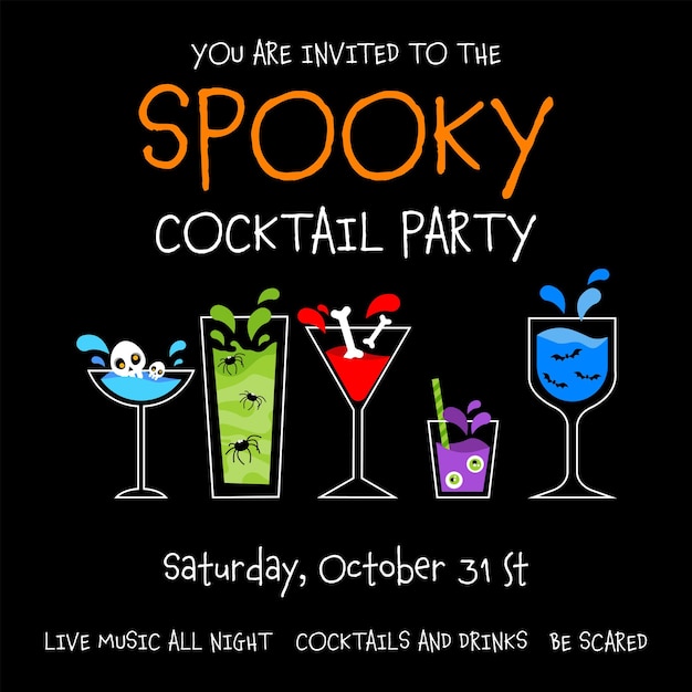 Halloween spooky cocktail party poster with blue yellow and red drinks with skull and bones.