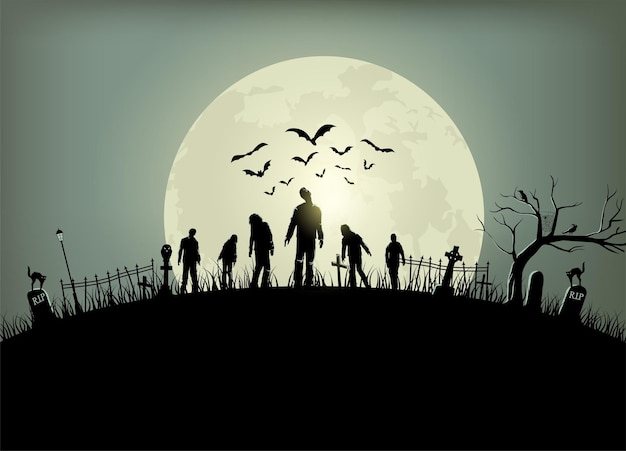 Halloween spooky night poster Silhouette of zombies walking Vector Illustration