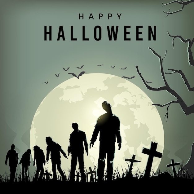 halloween spooky night poster, silhouette of zombies walking, vector illustration