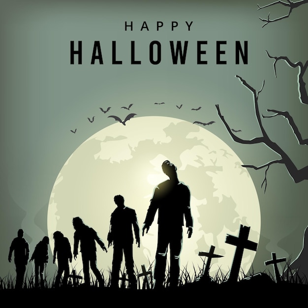 Halloween spooky night poster, Silhouette of zombies walking, Vector Illustration