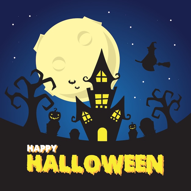 Vector halloween spooky night at the witch castle  illustration