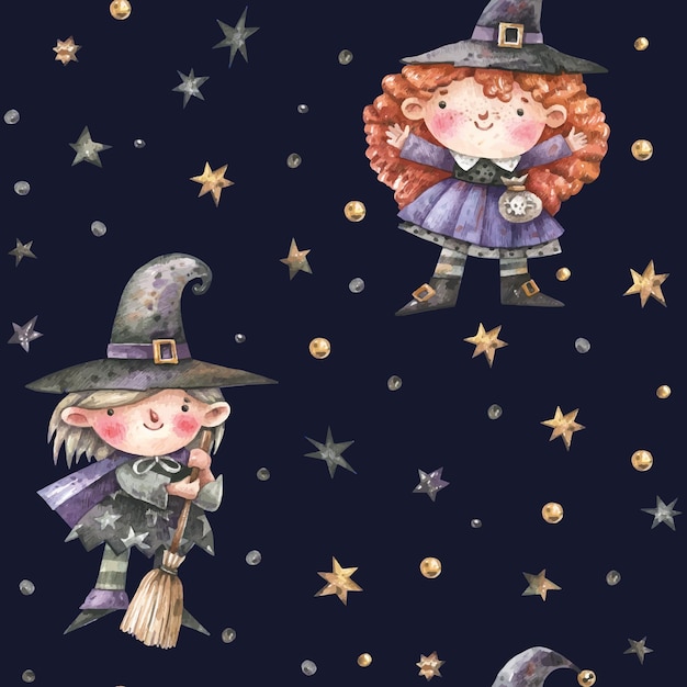 Modello spettrale di halloween con streghe carine e stelle luminose su sfondo nero in stile cartone animato.