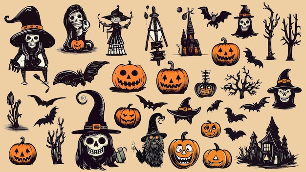 halloween spooky pumpkins and scary icon vector set