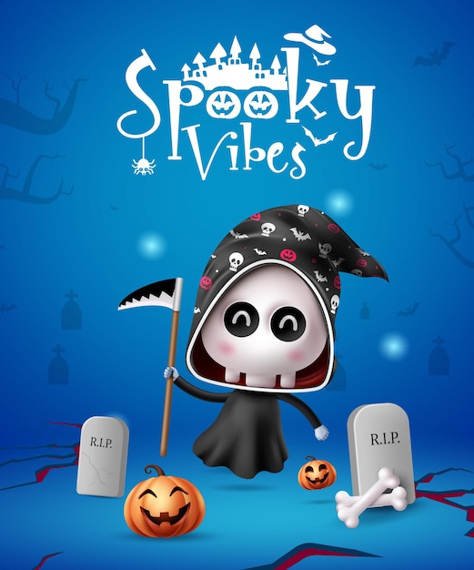 Halloween spooky vibes text vector design Halloween greeting with grim reaper character