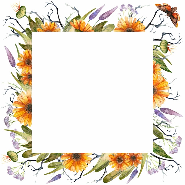 Halloween square frame with watercolor gothic butterfly and orange autumn flowers