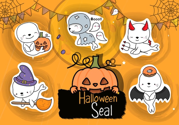 Halloween Sticker Pack. Set of Cute Clipart Halloween Seal Illustration. Cartoon Clip Art Halloween.