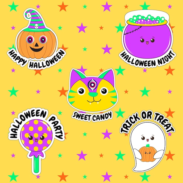 Halloween sticker set. Halloween character set in cartoon comic style. Set of Halloween patches.