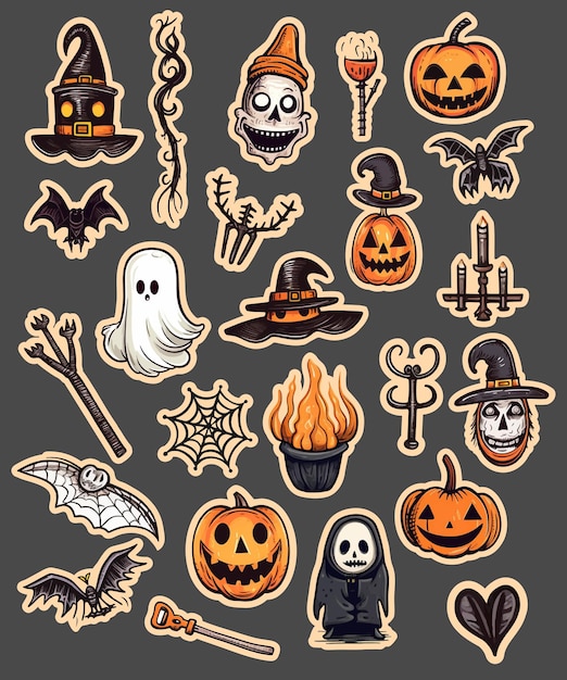 Vettore set di adesivi halloween perfetto per scrapbooking kit di adesivi per feste con biglietti d'auguri elementi vettoriali disegnati a mano