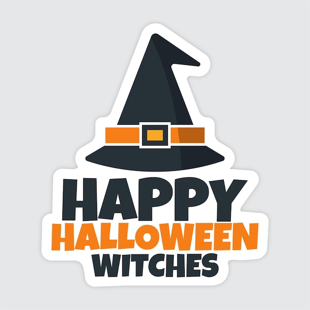 Halloween sticker with witch hat and happy halloween witches text