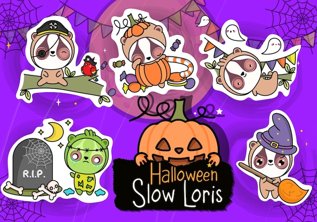 Halloween-stickerpakket. verzameling van kawaii halloween slow loris-illustratie.