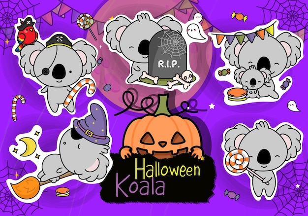 Halloween-stickers. Collectie van kawaii halloween koala illustratie. Leuke Kawaii Halloween-koala.