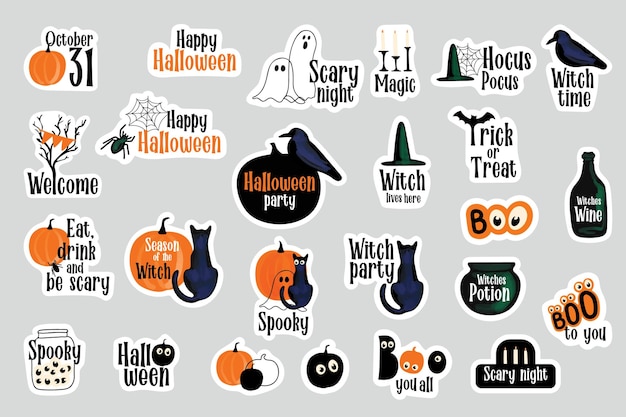 Halloween-stickers instellen illustratie met zwarte kat pompoenen spoken spinneweb