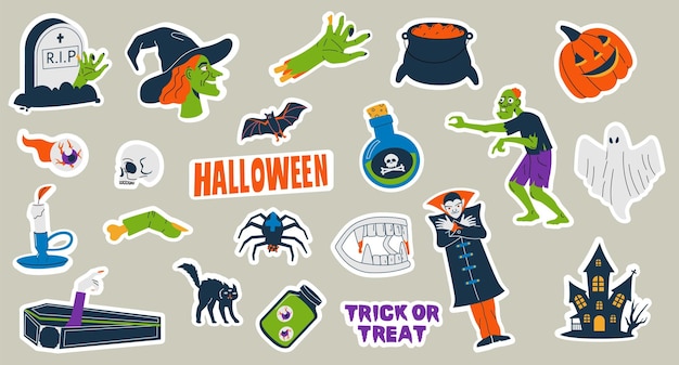 Halloween stickers Leuke cartoon enge traditionele karakters trick or treats vakantie decoratie collectie vlakke stijl herfst viering badges Vector seizoensgebonden set