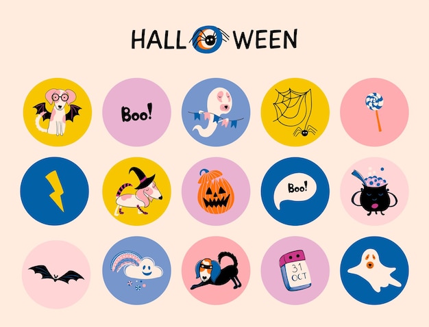 Halloween-stickers met schattige elementen in doodle-stijl. Handgetekende pictogrammen met honden
