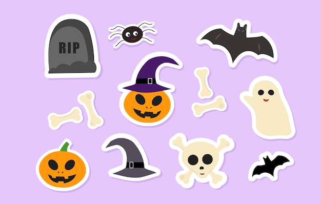 Halloween-stickers op paarse achtergrond Pumpkingravewitchkostuum spoken en schedelbotten stickers