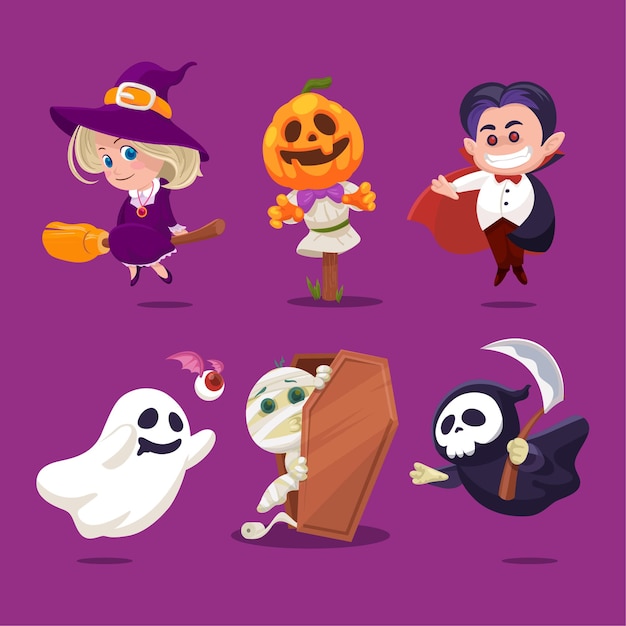 Vector halloween stickers with cute character in scary costumes