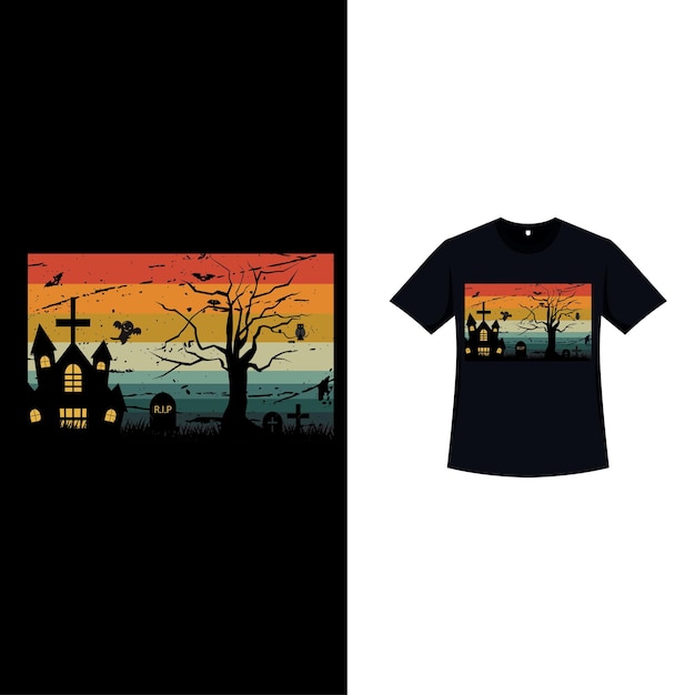 Halloween stijlvolle retro kleur T-shirt ontwerp met een spookhuis en dode bomen Halloween eng T-shirt ontwerp met vintage kleur en enge grafstenen Enge mode-ontwerp voor Halloweenv