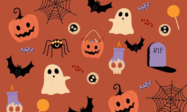 halloween stuff pattern. on orange background