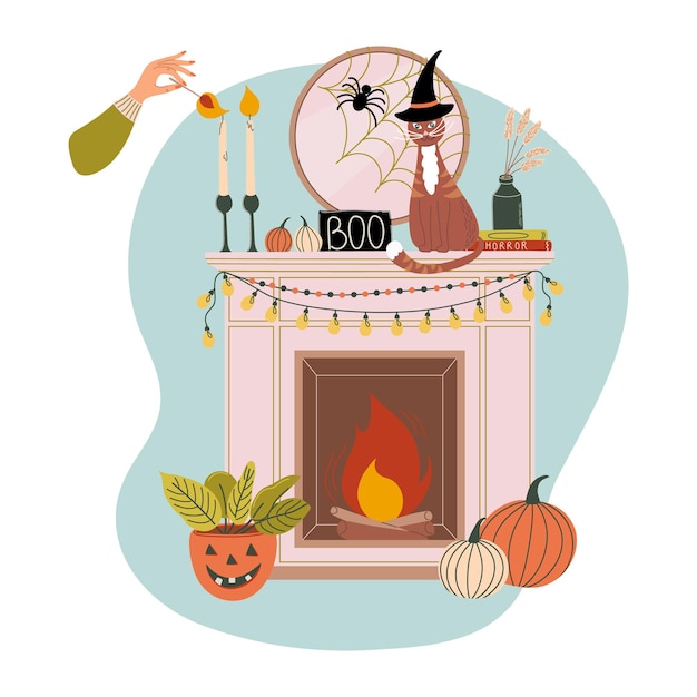 Vector halloween style interior fireplace decorated for holiday female hand is sparking off candles