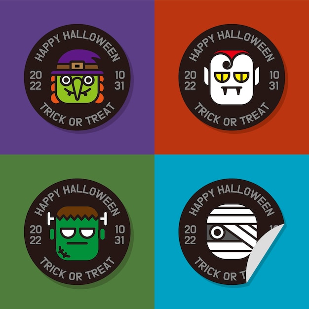 Halloween style label sticker with images of witch, vampire, mummy and Frankenstein