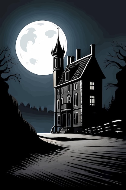 Halloween style spooky old victorian house and the full Moon