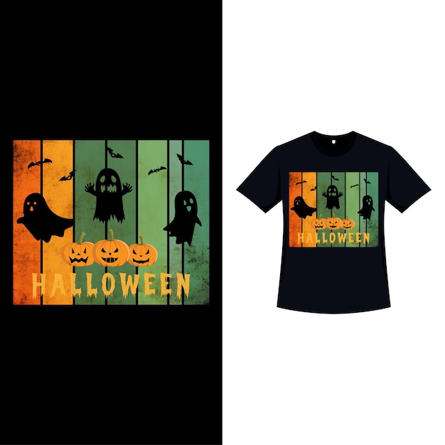 ベクトル 幽霊とカボチャのランタンとグランジのハロウィーンのスタイリッシュなレトロな色のtシャツのデザインヴィンテージの色と書道でハロウィーンの怖いtシャツのデザインハロウィーンの怖いファッションデザイン