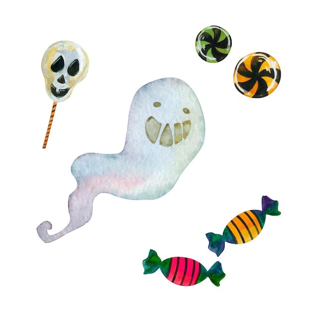 Halloween sute spook met snoepjes aquarel hand getekende vector clipart geïsoleerd op een witte achtergrond