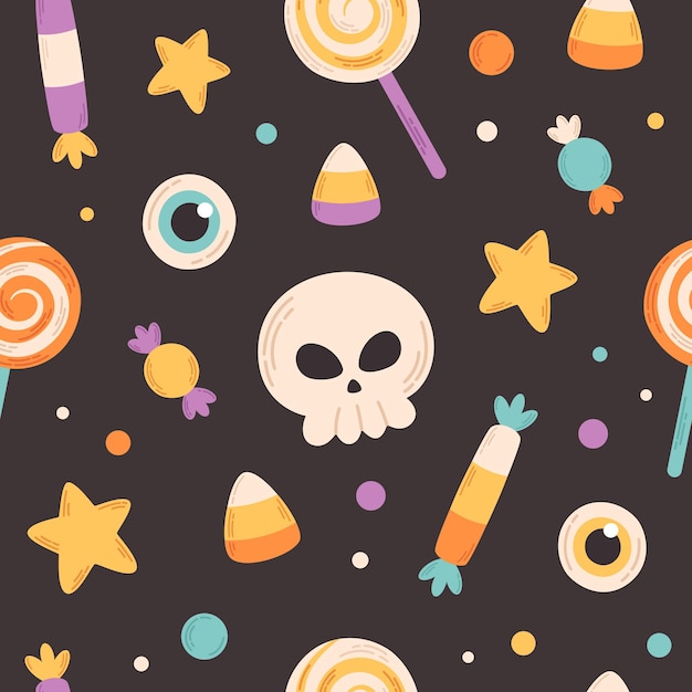 Halloween sweets and candies seamless pattern. Happy Halloween elements. Trick or treat.