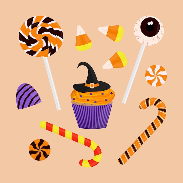 Vettore halloween sweets set lollipops candy cupcake elementi vettoriali per il design