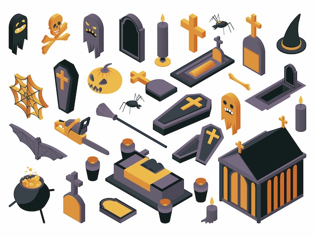 Halloween symbols isometric  illustration set.