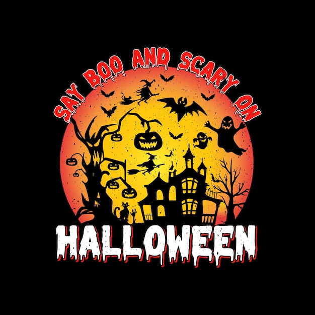 Дизайн футболки на Хэллоуин, силуэт тыквы, ретро, винтаж, футболка Say Boo And Scary On Halloween