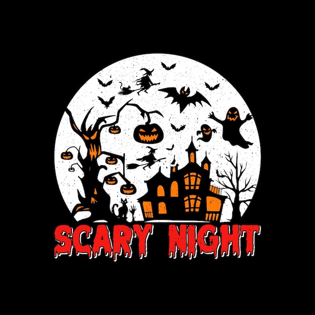 Хэллоуин Дизайн футболки, Страшный ночной дизайн футболки, вампир, зомби, страшный, силуэт, тыква
