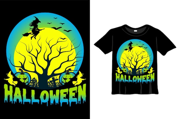 할로윈 티셔츠 디자인 템플릿입니다. 밤, 달, 마녀가 있는 할로윈 티셔츠. 밤 배경