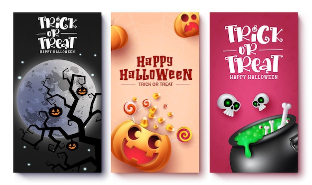 Halloween tags vector poster design Trick or treat greeting and invitation card lay out collection