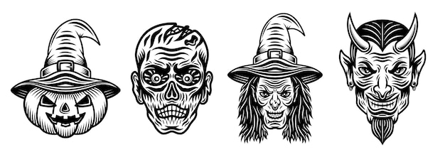 Halloween tekens heks duivel zombie pompoen set vector zwarte stijlobjecten of ontwerpelementen voor uw ontwerp