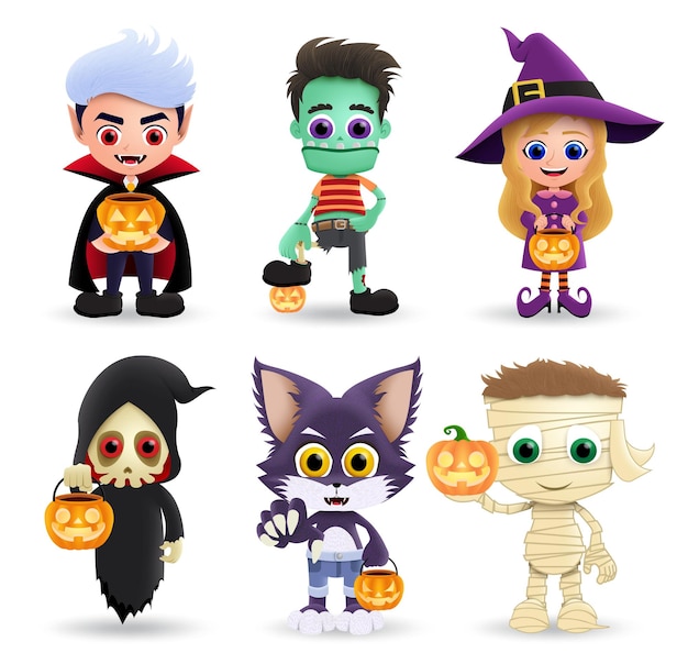 Vector halloween tekens vector set schattige kinderen karakter dragen halloween kostuum zoals vampier zombie