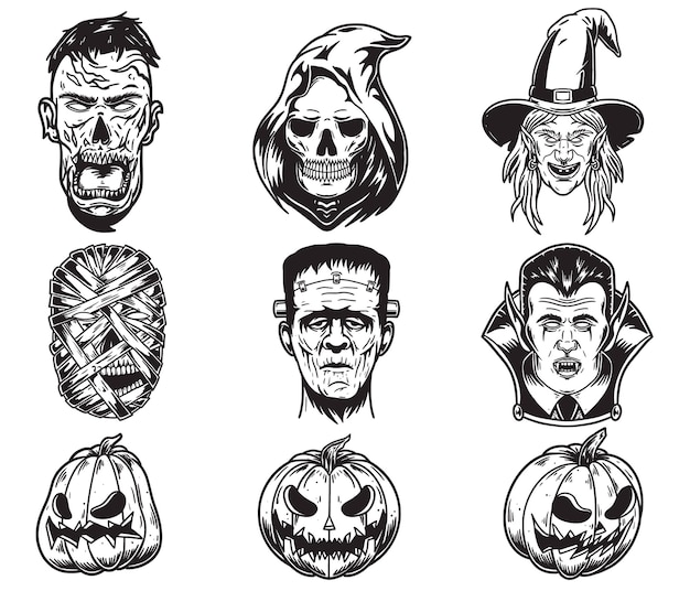 Halloween tekens vintage set met zombie grim reaper heks mummie hoofd Frankenstein vampier etc